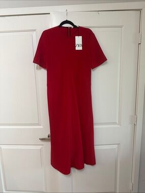Zara Red Short-Sleeve Midi Dress with Back Zip